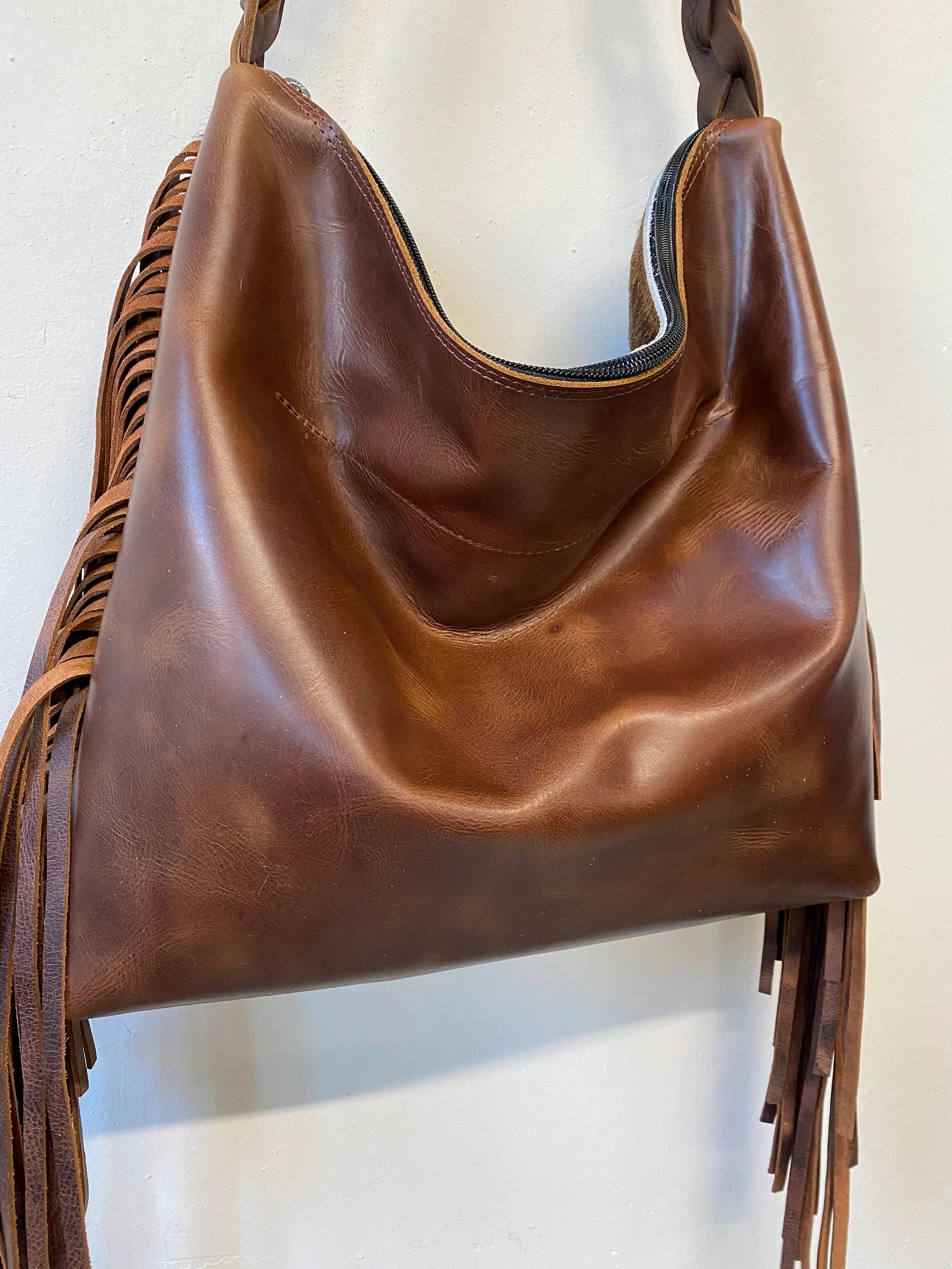 Cowhide Hobo Fringe Tooled Purse : Women Leather Tote Bag : Tooled Leather Handbag
